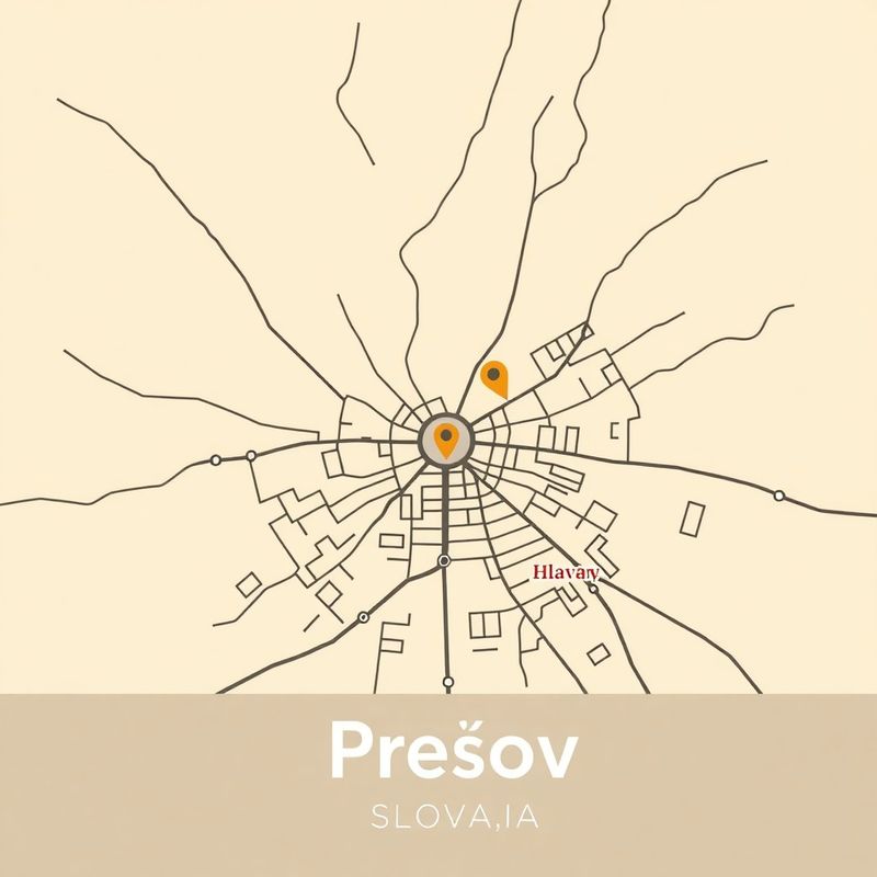 Minimalistická mapa centra Prešova so zlatým označením na Hlavnej ulici